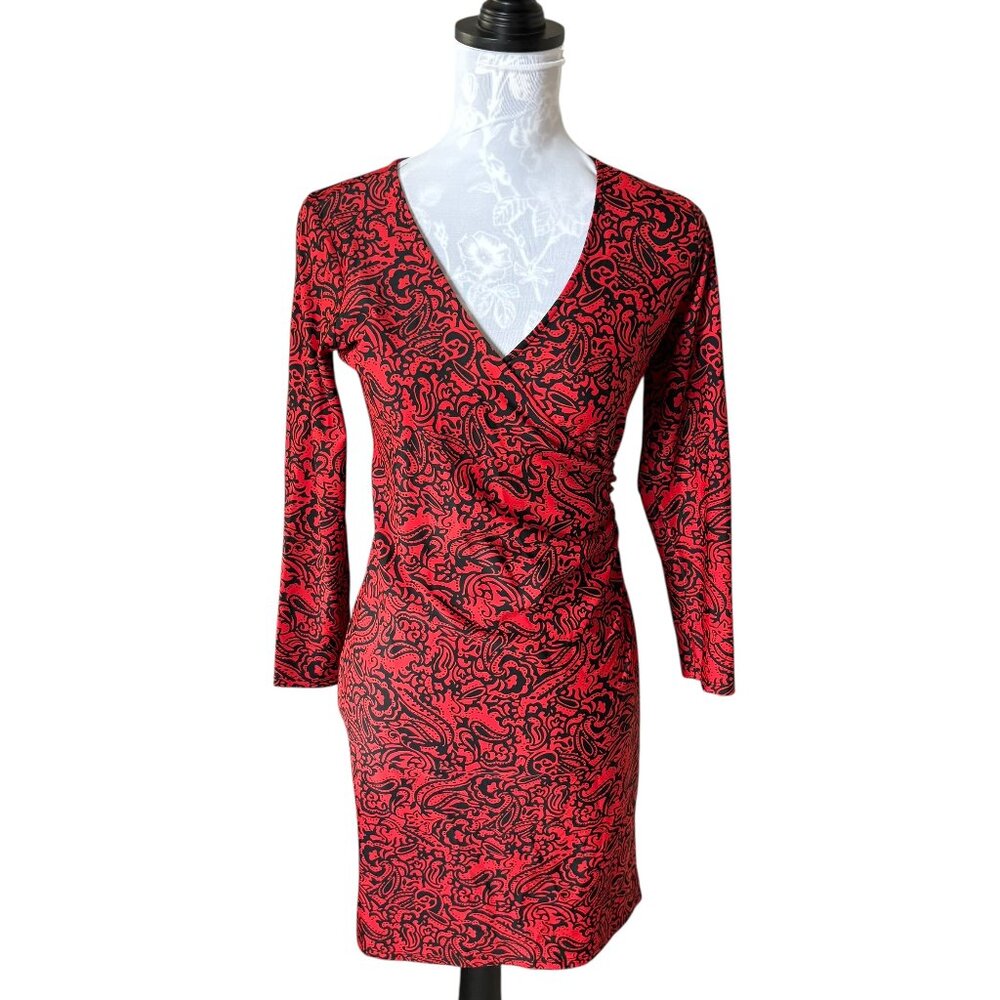 Jude Connally Red Dress Floral Womens Stretch Long Sleeve Xsmall